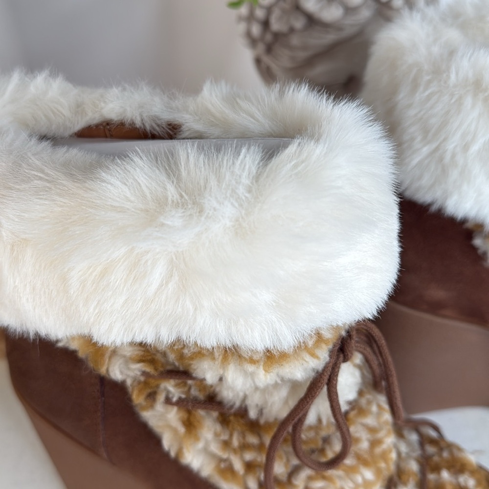 Brown and Cream Women's Wedge Boots - Picture 4 of 10